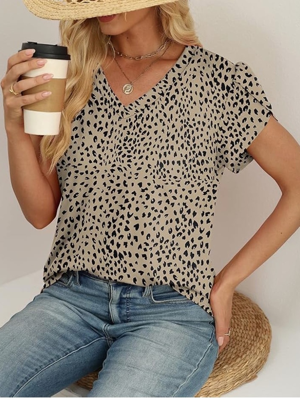Wiholl Dressy Casual Animal Leopard Print Top V Neck Petal Flutter Sleeve XL - Picture 2 of 16